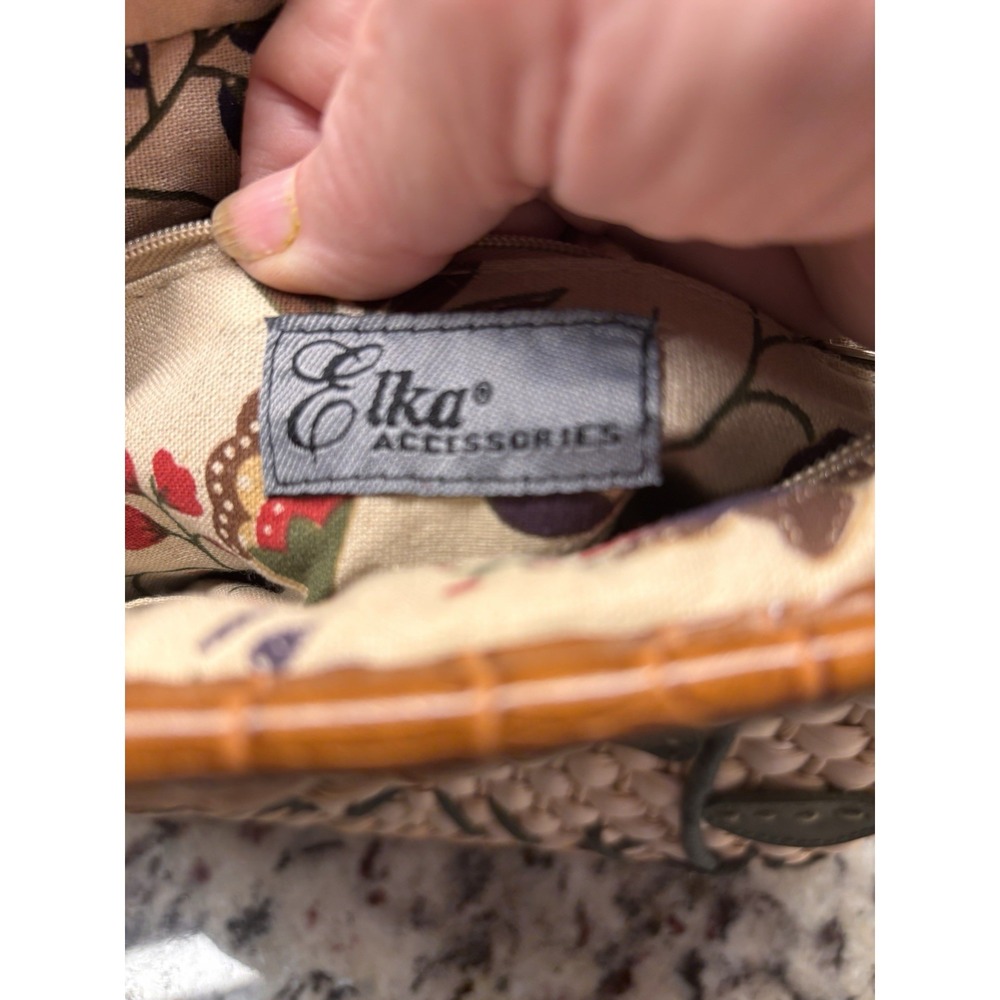 Vtg Y2K Elka Woven Straw Floral Satchel Purse Croc Leather Handle Boho Handbag - Picture 12 of 13